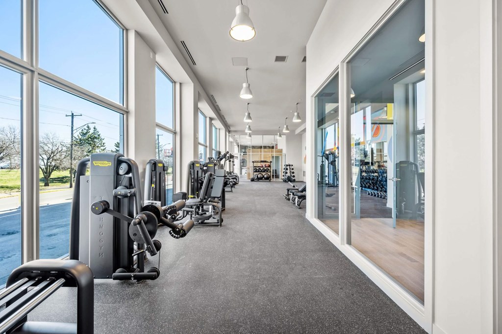 A gym with a row of treadmills and other exercise equipment.