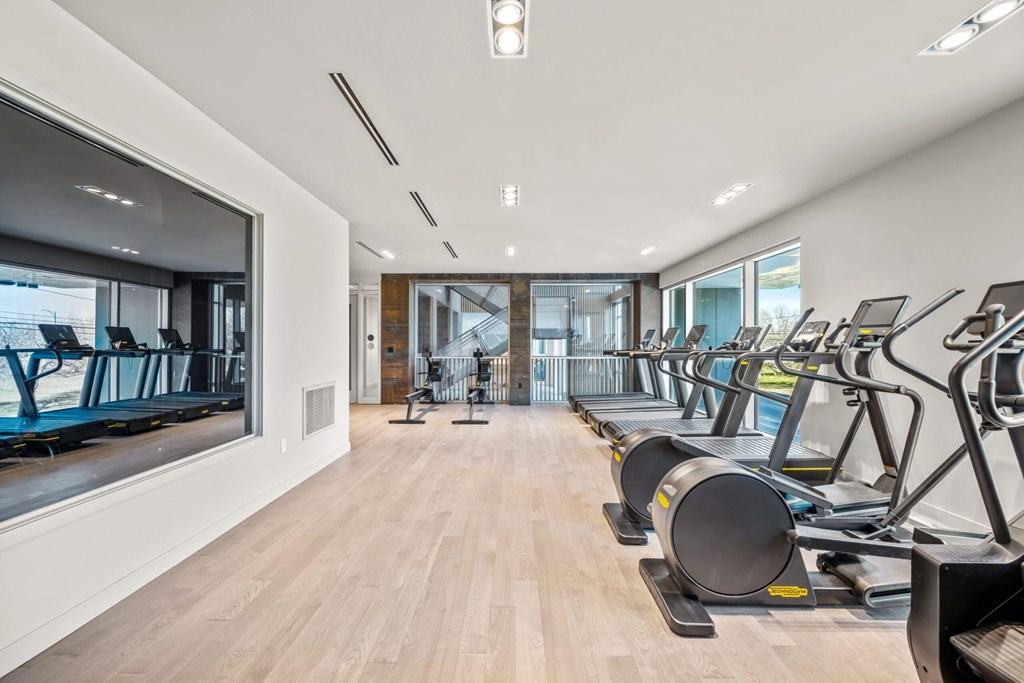 A gym with treadmills and a view of the outside.