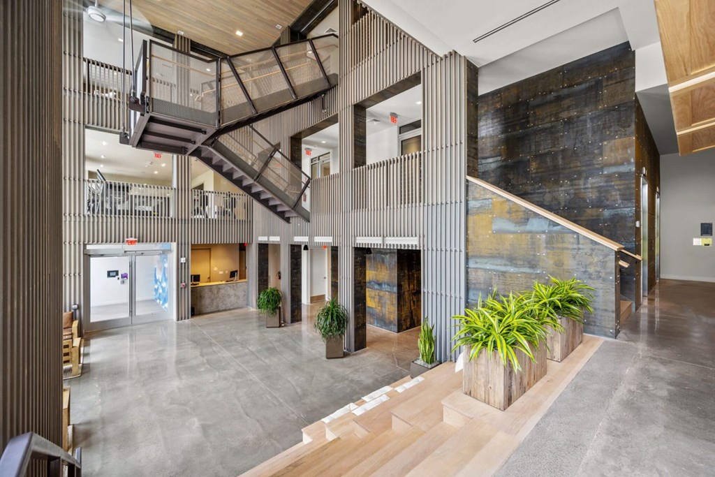 A modern interior with a staircase and a plant.