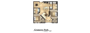 A floor plan of a house with a living room, two bedrooms, a bathroom, and a kitchen.