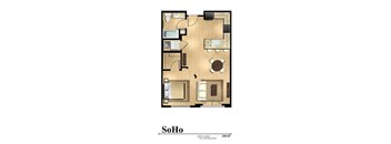 A floor plan of a 638 square foot SoHo apartment.
