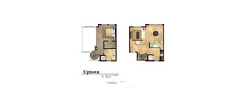 A floor plan of a Uptown apartment with two bedrooms, two bathrooms, and a living area.