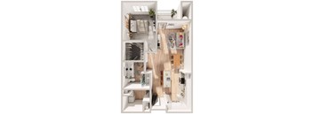 A top-down view of a small apartment with a kitchen, living room, and bedroom.