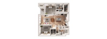 A modern, white-themed interior design layout featuring a kitchen, living room, and dining area.