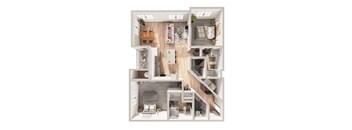 A 3D floor plan of a small apartment with a kitchen, living room, and bathroom.