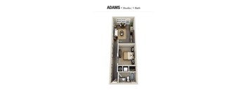 A diagram of a studio apartment with a bathroom.