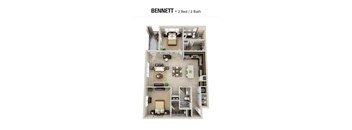 A Bennett 2 Bed / 2 Bath apartment layout.