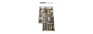 A floor plan of a chateau with one bed and one bath.