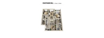 A 2 Bedroom, 2 Bathroom Chatham Hill apartment layout.