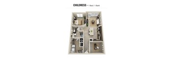 A floor plan of a child-friendly apartment with one bed and one bathroom.