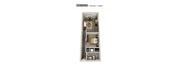 A studio apartment with a bathroom is shown in the image.