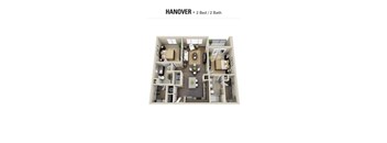A floor plan of a two bedroom, two bathroom Hanover.