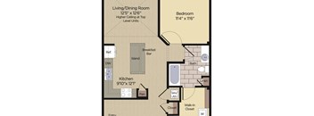 A floor plan of a living/dining room, kitchen, and bedroom with all the necessary details.