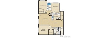 A floor plan of an apartment with a living room, kitchen, dining room, and three bedrooms.