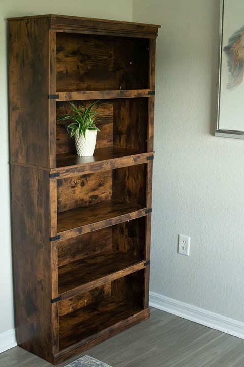 A tall wooden bookcase with a plant on the top shelf.
