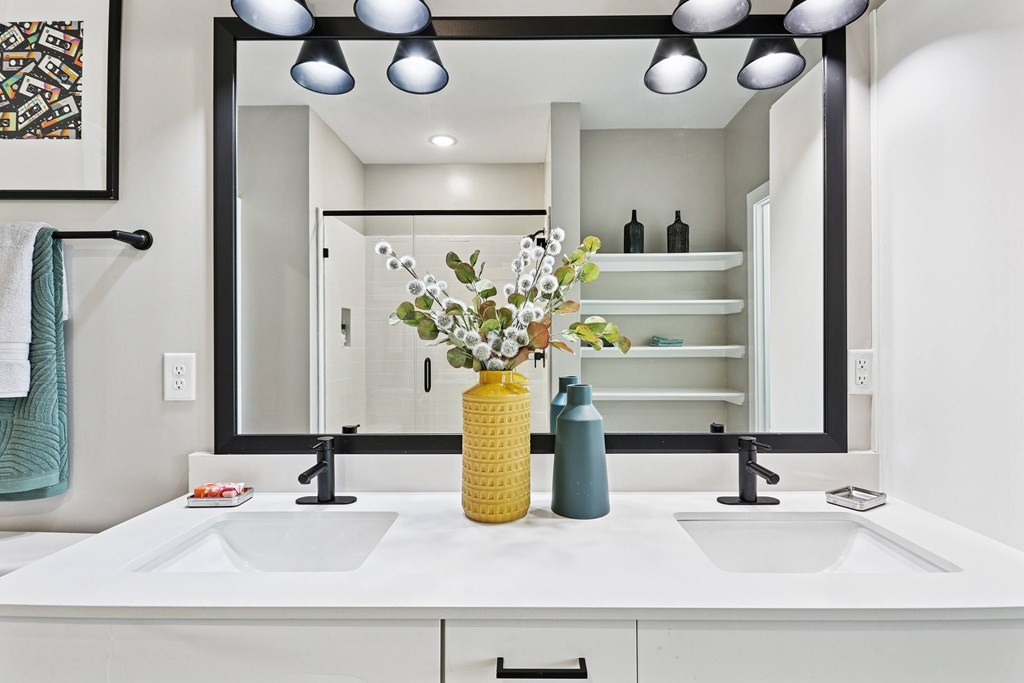 A bathroom with a white countertop and a large mirror above it.