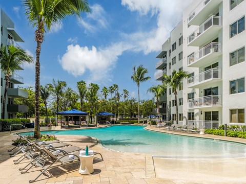 A swimming pool surrounded by palm trees and lounge chairs.