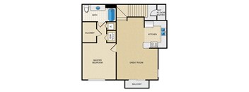 A floor plan of an apartment with a master bedroom, a great room, a kitchen, a bath, and a balcony.
