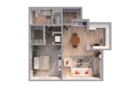 A top-down view of a small apartment with a kitchen, living room, and bathroom.