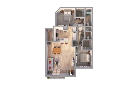 A floor plan of a house with a kitchen, living room, and two bedrooms.