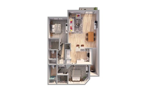 A 3D floor plan of a house with a kitchen, living room, and bathroom.