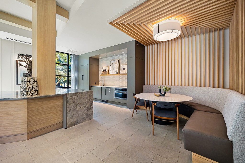 Private dining nook with built-in banquette seating, ideal for intimate dinners or catered events