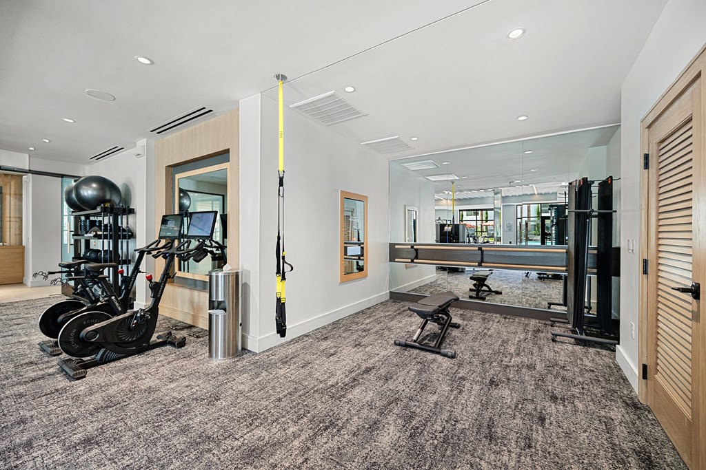 Bright fitness studio with TRX suspension, spin bikes, and mirrored walls perfect for versatile training