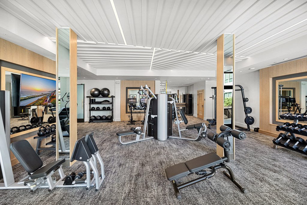 Modern gym with advanced strength equipment, kettlebells, and ample room to power through your workout