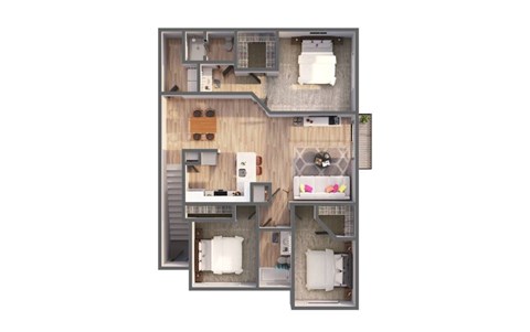 A 3D floor plan of a house with a kitchen, living room, and two bedrooms.