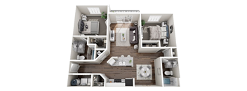 A top-down view of a small apartment layout with a kitchen, living room, and bedrooms.