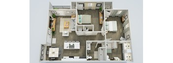 A top-down view of a modern apartment layout with a kitchen, living room, and bedrooms.