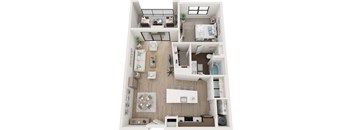 A top-down view of a small apartment with a kitchen, living room, bedroom, and bathroom.