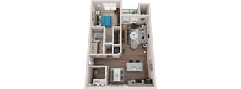 A 3D floor plan of a small apartment with a kitchen, living room, and bathroom.