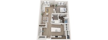 A top-down view of a small apartment with a living room, kitchen, and bedroom.