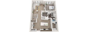 A top-down view of a small apartment with a bedroom, living room, kitchen, and bathroom.