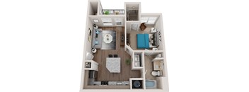 A top-down view of a small apartment with a kitchen, living room, and bathroom.
