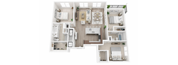 A top-down view of a modern, well-organized apartment layout.