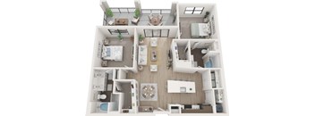 A top-down view of a small apartment with a kitchen, living room, and bedrooms.