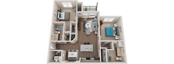 A 3D floor plan of a small apartment with a kitchen, living room, and bedroom.