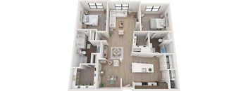 A top-down view of a small apartment with a kitchen, living room, and two bedrooms.