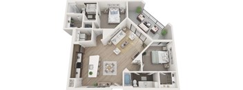 A 3D floor plan of a house showing all the rooms and their layouts.