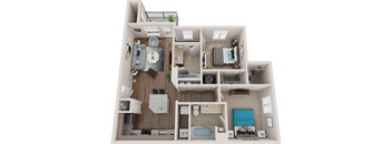 A 3D floor plan of a small apartment with a kitchen, living room, and bedrooms.