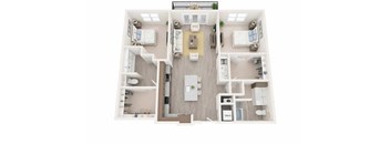 A top-down view of a house interior with a kitchen, living room, and two bedrooms.