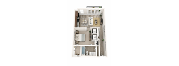 A top down view of a small apartment with a bedroom, living room, and bathroom.