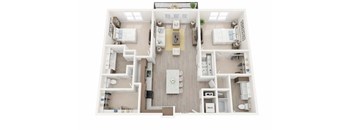 A top-down view of a house interior with a kitchen, living room, and bedrooms.