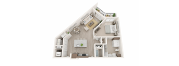 A detailed 3D floor plan of a house layout.