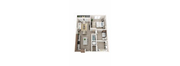 A top-down view of a small apartment layout with a kitchen, living room, and bathroom.