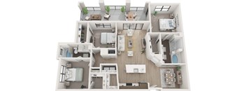 A top-down view of a modern apartment layout with multiple rooms and furniture.