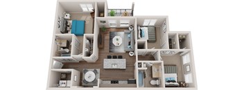 A 3D floor plan of a house with a living room, kitchen, and bedrooms.