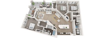 A top-down view of a well-furnished apartment layout.